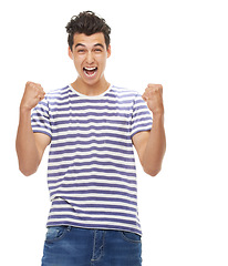 Image showing Man, studio portrait and fist celebration with fashion, gen z aesthetic and winner with scream by white background. Isolated guy, model and excited with trendy clothes, goals and winning by backdrop