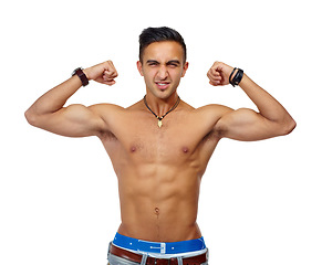 Image showing Man, studio portrait and shirtless with flex, jeans and muscle for fitness, health or wellness by white background. Isolated guy, young bodybuilder or model with arms, strong body and healthy mindset