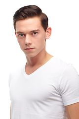 Image showing Fashion, young and portrait of man in studio with confidence, attractive and pride on white background. Youth, confident and face of isolated handsome male person with trendy style in casual clothes