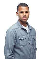 Image showing African man, denim and fashion for portrait in a studio with designer and hipster clothing. White background, male person and young stylish model with cool confidence and pride with gen z shirt