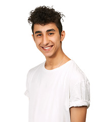 Image showing Fashion, smile and portrait of young man in studio with confidence, attractive and pride on white background. Happy, confident and face of isolated handsome male person with trendy casual clothes