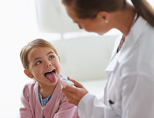 Image showing Kid, doctor and thermometer in mouth for medical risk, assessment and check infection. Pediatrician, happy girl and testing temperature of children for fever, virus or healthcare consulting in clinic