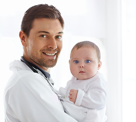 Image showing Portrait of happy man, pediatrician and baby for medical assessment, growth support and healthcare of children. Newborn kids, doctor and smile in clinic, hospital and consulting service in pediatrics