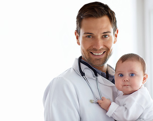 Image showing Portrait, man and pediatrician smile with baby on mockup of medical assessment, support and healthcare of children. Cute newborn, happy doctor and trust in pediatrics clinic, kids hospital and growth