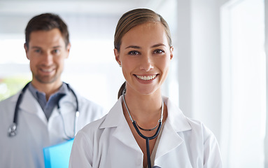 Image showing Portrait of happy woman, doctors and leadership in hospital, healthcare management and clinic services. Expert medical employees, team and smile for collaboration of trust, wellness support and pride