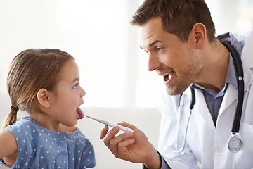 Image showing Child, male doctor and thermometer in clinic for medical risk of covid infection, flu and fever. Pediatrician, sick girl kid and testing temperature in mouth for disease, healthcare service and virus