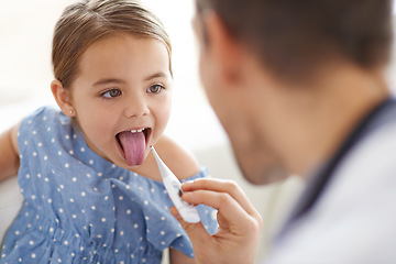 Image showing Girl kid, doctor and thermometer in hospital for medical risk, covid infection and fever. Pediatrician, sick child and mouth open for testing temperature, flu virus and healthcare service in clinic