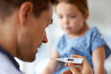 Image showing Doctor, thermometer and closeup for temperature of children, medical risk and sick infection. Pediatrician, medicine results and tools for testing fever, virus or healthcare consulting in kids clinic