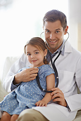 Image showing Portrait, child and stethoscope of pediatrician for healthcare consulting, check lungs and listening to heartbeat. Man, doctor and chest assessment of girl kid in clinic, hospital or medical analysis