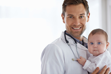 Image showing Portrait, happy man and pediatrician with baby on mockup for medical assessment, support and healthcare of children. Newborn kids, doctor and smile in pediatrics clinic, hospital and trust in service