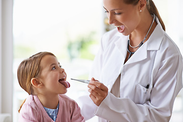 Image showing Child, woman and doctor with thermometer in mouth for medical risk, assessment and analysis. Pediatrician, happy girl and testing temperature for fever, virus and healthcare consulting in kids clinic