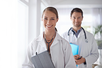 Image showing Portrait of happy woman, doctors and leadership in hospital for healthcare, management and clinic services. Medical employees, female manager and smile of teamwork, collaboration and support of trust