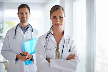 Image showing Portrait of woman, doctors and leadership with arms crossed in hospital for healthcare, management and clinic services. Medical employees, manager and teamwork in collaboration, support and integrity