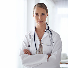 Image showing Portrait of woman, arms crossed and doctor of clinic, healthcare management and hospital services. Confident female employee, professional therapist and medical worker with integrity, trust or mockup