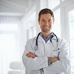 Image showing Portrait, man and doctor smile with arms crossed in clinic for healthcare management, hospital services and expert. Happy male employee, medical therapist and confident for trust, checkup on mockup