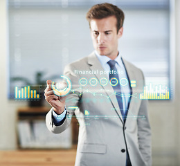 Image showing Financial portfolio, graphic and man planning, investment and innovation at a workplace. Male accountant, employee and worker with holographic charts, budget and hologram graphs of futuristic growth