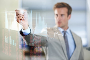 Image showing Hologram, corporate and man with analysis, stock market and investment with graphs, charts and budget. Male person, accountant and investor with development, holographic and trading for profit growth