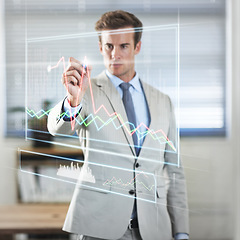 Image showing Corporate, hologram and man with graphs, investment and brainstorming for profit growth, planning and software update. Male person, accountant or employee with ideas, financial worker and holographic