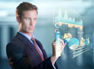 Image showing Charts, future and man with hologram, digital interface and check investment for growth and planning. Male person, accountant and employee with graphs, innovation and planning for futuristic finances