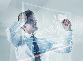 Image showing Business man, hologram and stock market analysis on interface with headache, mistake and financial crisis. Economist, businessman and stress with 3d holographic chart, finance and investment problem