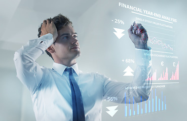 Image showing Business man, thinking and stock market on holographic interface with headache, stress or financial crisis. Entrepreneur, businessman or worry with 3d hologram graph, finance and investment problem