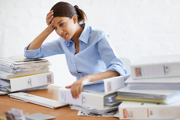 Image showing Paperwork, businesswoman and workload stress from office, documents and company employee, tired and work burnout. Secretary, headache and desk full of business files, corporate reports and admin