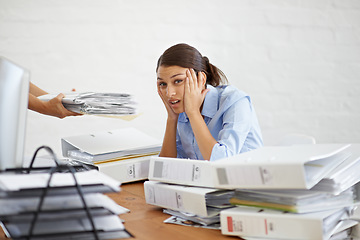 Image showing Secretary, paperwork and workload stress from office, documents and company employee, tired and work burnout. Businesswoman, frustrated and desk full of business files, corporate reports and admin