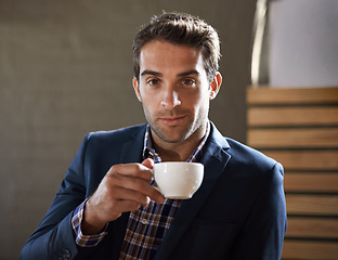 Image showing Business man at cafe, coffee and portrait, serious person relax on lunch break and social time. Hospitality industry, professional male customer at restaurant with confidence and cup with espresso