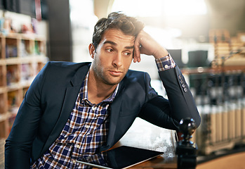 Image showing Tired, stress and professional man with a tablet in the office while working on a corporate project. Technology, burnout and business male employee with a digital mobile for a report in the workplace