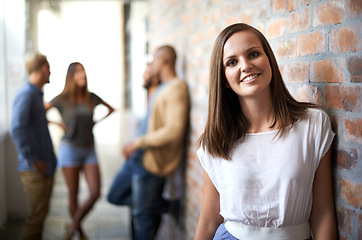 Image showing Education, happy and portrait of woman in hallway for academic exam, knowledge and learning. University, academy scholarship and female student with friends on campus for studying, college or school