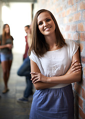 Image showing Education, university and portrait of woman with crossed arms for academy, knowledge and learning. College, scholarship and happy female student with friends on campus for studying, class or school