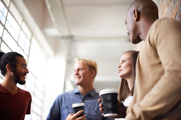 Image showing Coffee, talking and friends or students in a college hallway for discussion, happiness and a drink. Group of diversity men and women at campus or university for a chat or conversation about education