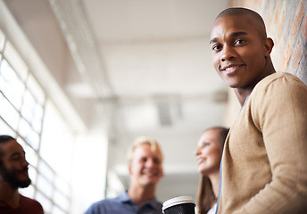 Image showing Education, university and happy portrait of black man with smile for motivation, knowledge and learning. College, academy and male student with friends in campus hallway for studying, class or school
