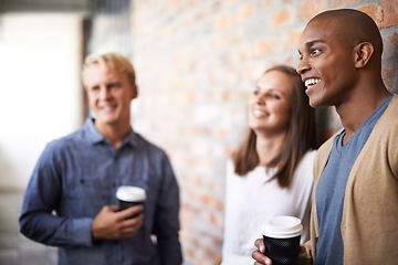 Image showing Laughing, talking and friends with coffee in a college hallway for funny chat, happiness and drink. Black man and woman with students at campus or university for discussion about education or project