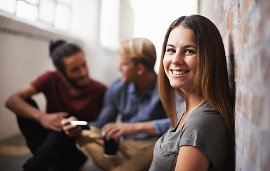 Image showing University, hallway and portrait of woman with smile for education, knowledge and learning. College, academy scholarship and happy female student with friends on campus for studying, class or school