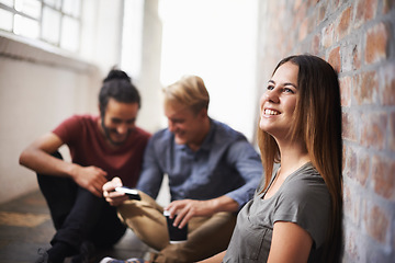 Image showing University, thinking and woman with friends in hallway for education, knowledge and learning. College vision, academy scholarship and female student with ideas on campus for studying, class or school