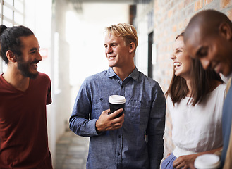 Image showing Smile, group and friends in a lobby, conversation and bonding with happiness, joyful and cheerful. Diversity, men or woman with communication, hallway and young people chatting, talking or discussion