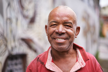 Image showing Portrait, smile and happy old man outdoors, relaxed and carefree while enjoying the weekend. Face, retirement and senior mexican male person enjoying retired lifestyle, cheerful and content in Mexico