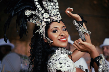 Image showing Festival, carnival and dancer portrait of woman smile with music and party celebration in Brazil. Mardi gras, dancing or culture event costume with young female person with happiness from performance