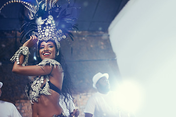 Image showing Festival light, carnival dancer and woman smile with mockup and social celebration in Brazil. Mardi gras, dancing and culture event costume with a young female person with happiness from performance