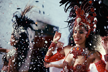 Image showing Festival glitter, carnival dancer and woman smile with music and social celebration in Brazil. Mardi gras, dancing and culture event costume with a young female person with happiness from performance