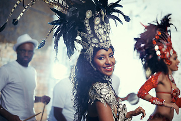 Image showing Festival portrait, carnival dancer and woman smile with music and party celebration in Brazil. Mardi gras, dancing and culture event costume with young female person with happiness from performance