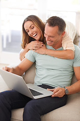 Image showing Computer, laugh and happy couple on sofa with online men, website review or reading post on social media together. Funny, home and hug of mature partner, woman or people on laptop and smile for meme