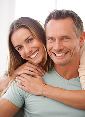 Image showing Portrait, support and couple with a smile, hug and romantic with joy, cheerful and quality time. Face, mature man and happy woman embrace, loving and partners with relationship, marriage and bonding