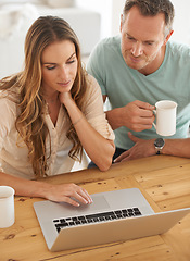 Image showing Laptop, home and couple reading online, scroll on internet together and check website or application for information. Mature partner, woman or people on computer or pc with coffee or tea at table