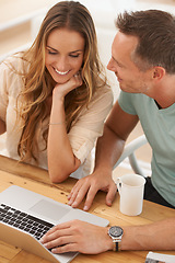 Image showing Happy couple, laptop and table with online planning, website review, check feedback or application for information. Woman with partner or people scroll, reading and search on computer for insurance