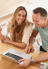 Image showing Business people, partner and laptop laughing together for online meme, social media or reading funny news. Happy woman with man or clients at tablet with coffee cup or tea for networking on computer