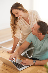 Image showing Computer, pointing and happy couple on home internet for online planning, website and to check application together. Support, talking and woman, partner or people with choice or reading on laptop