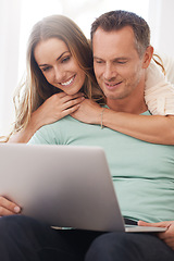 Image showing Laptop, reading and happy couple with home internet for online planning, website review or check information together. Hug, love and affection of mature woman with partner or people on computer tech