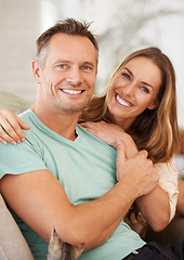 Image showing Portrait, marriage and couple with love, hug and bonding for relationship, happiness and partners. Face, happy man and woman with a smile, loving and romance with affection, home and quality time